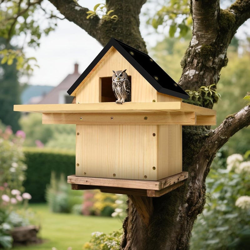 HAFTKD Owl House, Screech Wooden Owl Nesting Box, Weatherproof Design with Bird Stand, Large Opening, Mounted Birdhouse for Garden & Outdoor - Image 2